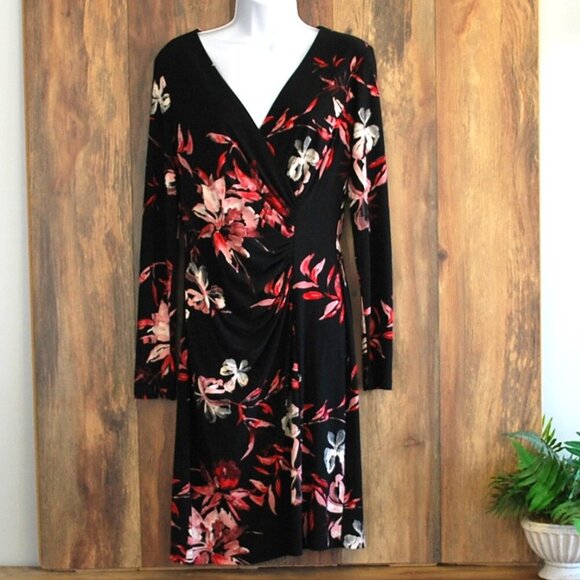 American Living Sheath Surplice Venus Wrap Black Floral Dress 8 - Picture 1 of 8
